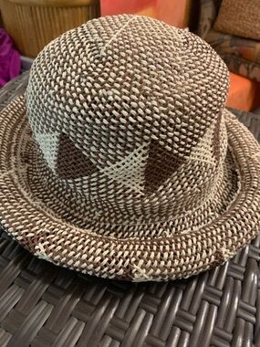 Straw Sun Hat Short Rolled Brim Woven Stripes Natural Brown Cocoa Italian